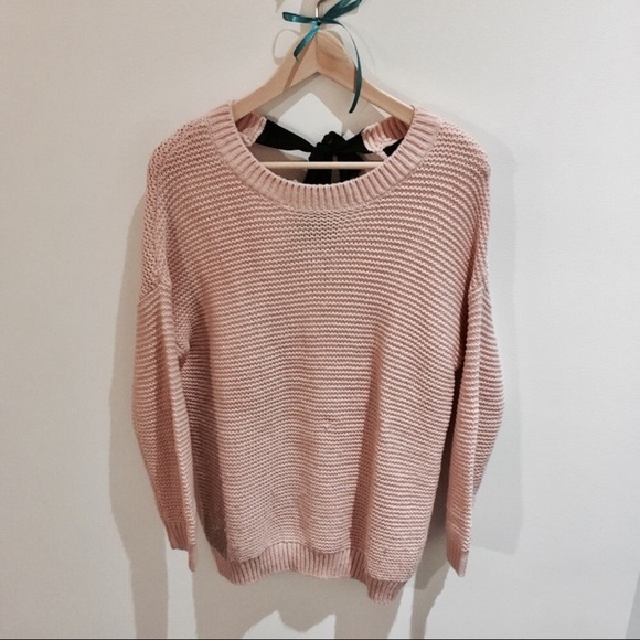 Forever 21 light pink black bow sweater top tie back ribbon fuzzy waffle knit 💗 - Picture 2 of 2